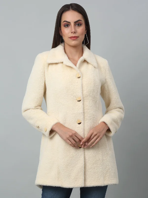Floral Prints Women's Casual  Ivory Single breasted  Spread Collar Long Coat