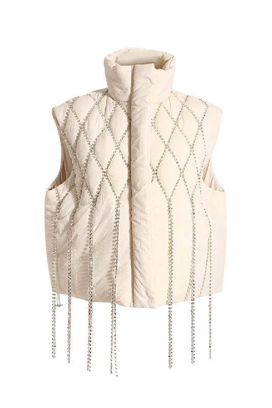 High-end Customization Glittering High Neck Sleeveless Rhinestone Fringe Quilted Down Puffer Vest High-end Customization Glittering High Neck Sleeveless Rhinestone Fringe Quilted Down Puffer Vest